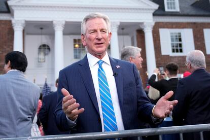 Sen. Tommy Tuberville, R-Ala., talks during a television interview before former President Donald Trump speaks at Trump National Golf Club in Bedminster, N.J., June 13, 2023.