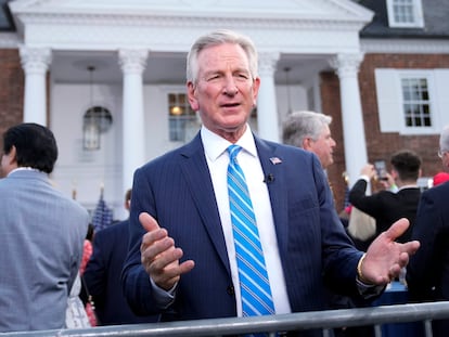 Sen. Tommy Tuberville, R-Ala., talks during a television interview before former President Donald Trump speaks at Trump National Golf Club in Bedminster, N.J., June 13, 2023.