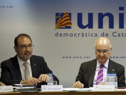 El secretari general d'Unió, Ramon Espadaler, Josep Antoni Duran Lleida, i Joana Ortega, vicepresidenta del Govern.