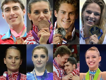 Shubenkov, Isinbayeva, Morozov, Efimova, arriba, y Velikaya, Mustafina, Muserskiy e Illinykh y Kanaeva, abajo. 