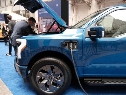 A Ford electric F-150 truck is displayed outside of the New York Stock Exchange (NYSE) on March 23, 2023 in New York City.