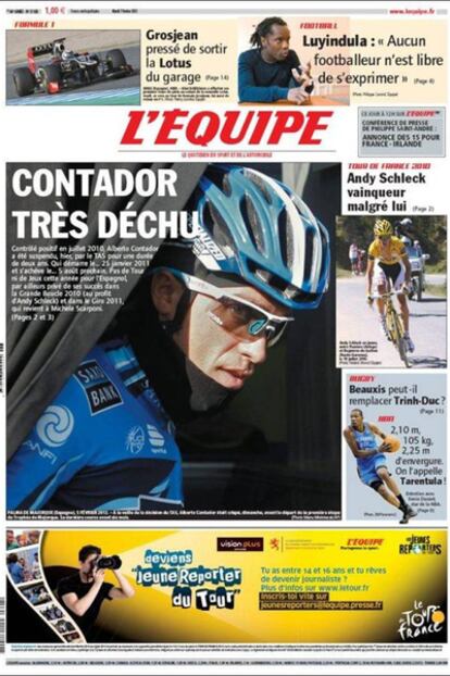 Alberto Contador, protagonista en la portada de L'Èquipe.