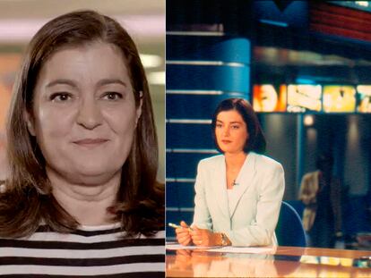 La periodista Miryam Romero cuando trabajaba con Pedro Piqueras, en la temporada 1998-1999, y en un retrato posterior.