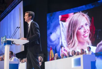 El candidato a la presidencia del PP, Pablo Casado, en un momento de su intervención.