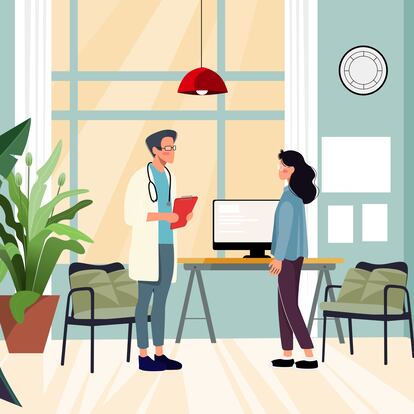 Health care illustration concept shows a woman come to see the doctor in the relaxing hospital, the interior of hospital makes people feeling comfortable.