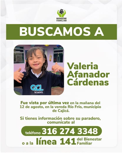 Cartel de búsqueda de Valeria Afanador.