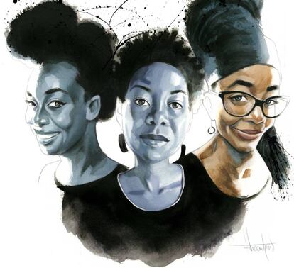 Da esquerda para a direita, Chimamanda Ngozi Adichie, NoViolet Bulawayo e Nnedi Okorafor, vistas por Fernardo Vicente.