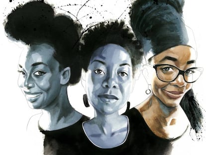 Da esquerda para a direita, Chimamanda Ngozi Adichie, NoViolet Bulawayo e Nnedi Okorafor, vistas por Fernardo Vicente.