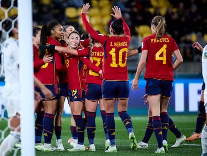 Las jugadoras de España celebran un gol durante el partido ante Costa Rica, en el primer partido del Mundial de la Australia y Nueva Zelanda el pasado viernes.