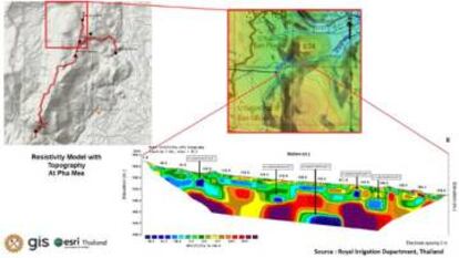 Diagrama que muestra los resultados de las mediciones, en combinación con el perfil de la cueva y mapas topográficos. El modelo de resistividad refleja los tramos cubiertos de agua en azul oscuro, que coinciden con los tramos de la cueva a una altura de entre 460 y 480 metros.