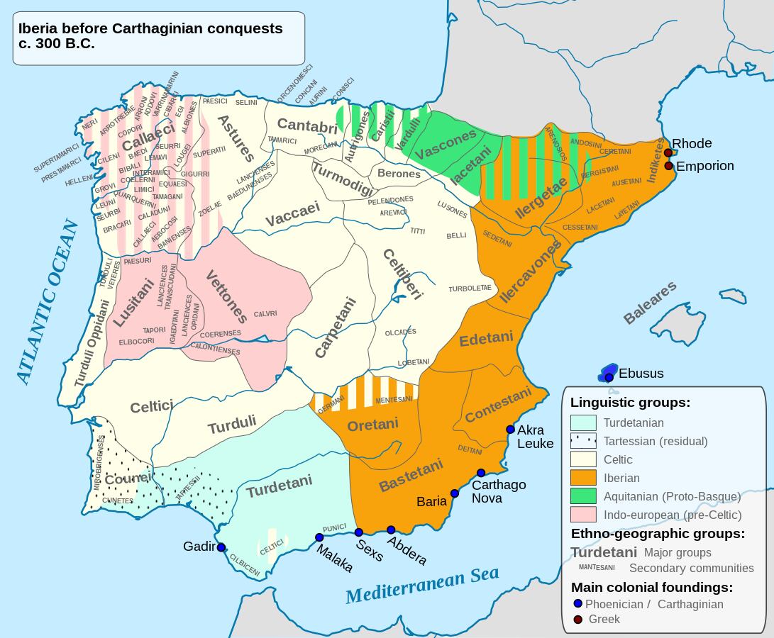 Mapa etnológico prerromano de Iberia, en torno al 200 antes de Cristo.