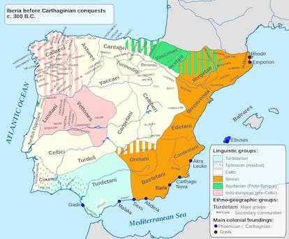 A map of the languages spoken before the Romans’ arrival in Hispania.