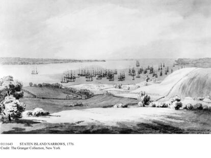 STATEN ISLAND NARROWS, 1776. 
'View of the Narrows between Long Island and Staten Island with our fleet at anchor and Lord Howe Coming In.' Pen and ink and wash drawing, 12 July 1776, by Archibald Robertson, a lieutenant in the Royal Engineers.
