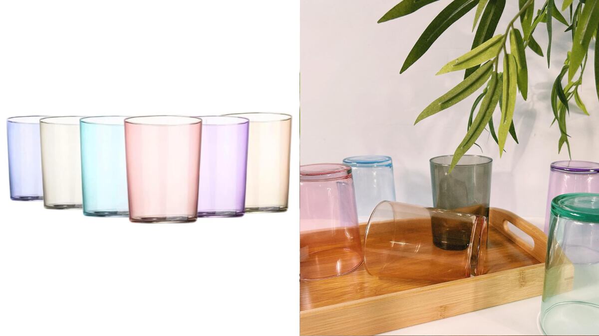 Set de seis vasos de cristal en varios colores pastel.