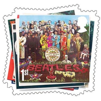 Los Beatles aparecerán en una nueva serie filatélica del Royal Mail (Correos británicos), según ha anunciado  la compañía de Correos. En la imagen, el sello con la portada del <i>Sgt Pepper's Lonley Hearts Club Band</i>.