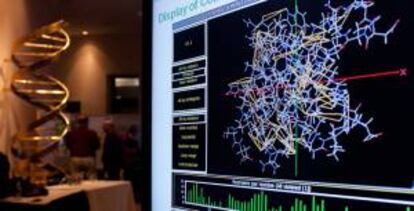 Representación gráfica de una estructura molecular en el aniversario del Banco de Datos de Proteínas celebrado en Cold Spring Harbor.