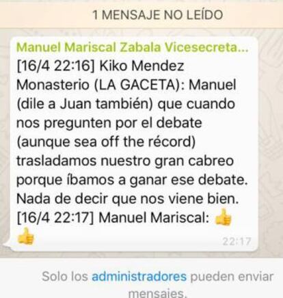 Mensaje de WhatsApp de Vox.