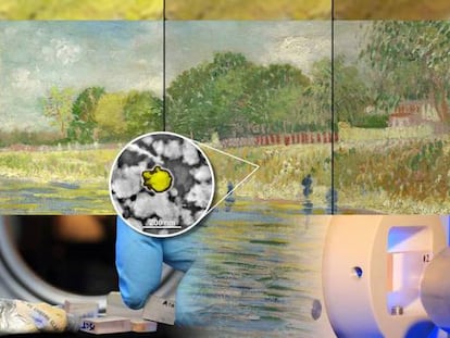 El cuadro <i>Ribera del río Sena</i> de Van Gogh, tal como está en la actualidad (centro) y recreación de su aspecto original en 1887 (izquierda) y de su futuro aspecto en 2050 (derecha). Abajo, imágenes de la investigación llevada a cabo en el ESRF.