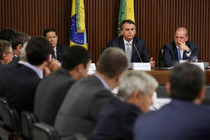 O presidente Jair Bolsonaro em sua primeira reunião ministerial, nesta quinta-feira, no Palácio do Planalto.