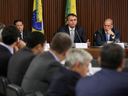 O presidente Jair Bolsonaro em sua primeira reunião ministerial, nesta quinta-feira, no Palácio do Planalto. 