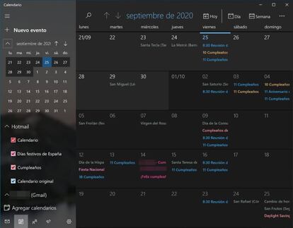 Calendario de Windows 10 con datos de Gmail importados.