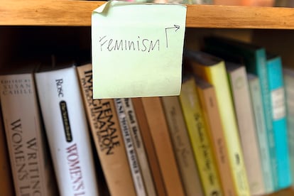 Una de las baldas de su biblioteca, dedicada a sus lecturas sobre feminismo.