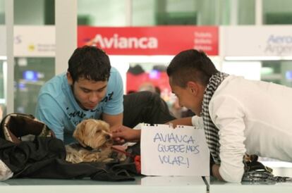 Dos jóvenes cuidan de su mascota mientras sus padres intentan conseguir un billete de Avianca en el aeropuerto de El Prat (Barcelona)