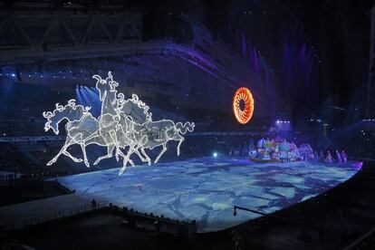 No estádio Fisht se reproduz a Odisseia Russa, com a recriação de cavalos gigantes.