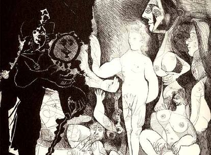 La primera parte de la exposición finalizará con "El beso", con insistencia "en el lado violento y oscuro. Hay mucho vampirismo o canibalismo en esta sección, con amantes que desean devorarse", según el comisario. Obras de Rodin, Munch, Max Ernst, Warhol, Magritte o Nan Goldin ilustran el apartado que finaliza en una pequeña sala adjunta donde se proyectarán tres vídeos de Bill Viola "que son espectaculares". En Caja Madrid se tratará "el encanto erótico de la muerte", con capítulos sobre Apolo y Jacinto y Diana y Endimión, "centrados en el cuerpo masculino como objeto erótico, los bellos efebos dormidos, lánguidos y agonizantes", con obras de Tiepolo, Rubens, Luca Giordano, Marina Abramovic o la imagen de David Beckham dormido fotografiado por Sam Taylor-Wood.  En la foto, la obra de Picasso, "Espectáculo para una pareja. El capitán Fraus Banningh"