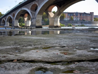 El río Garona sin casi agua en la ciudad francesa de Toulouse este verano.