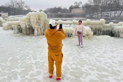 Mist from the Great Falls has created a frozen wonderland around the waterfalls in Paterson, N.J., on Thursday, Jan. 18, 2024.