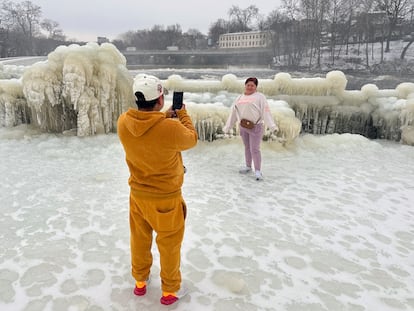 Mist from the Great Falls has created a frozen wonderland around the waterfalls in Paterson, N.J., on Thursday, Jan. 18, 2024.