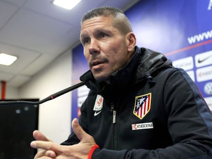 Atl&eacute;tico de Madrid coach Diego Simeone during Tuesday&#039;s pre-derby press conference. 