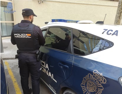 Un agente de la Policía Nacional de espaldas, junto a un coche patrulla.