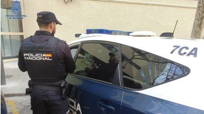 Un agente de la Policía Nacional de espaldas, junto a un coche patrulla.