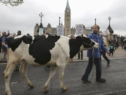 Protestos no Canadá contra o TPP por impacto na indústria de leite.