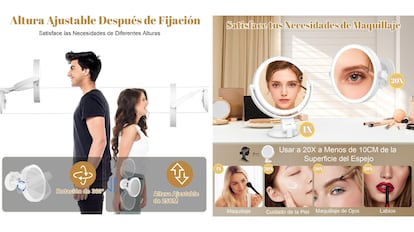 This suction cup lift mirror features a swivel design and adjustable height.