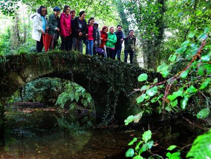 Excursionistas en un puente sobre el río Sarela, en Pontevedra.