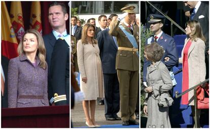 De izquierda a derecha: La reina Letizia en el desfile militar de 2004, 2005 y 2006. 