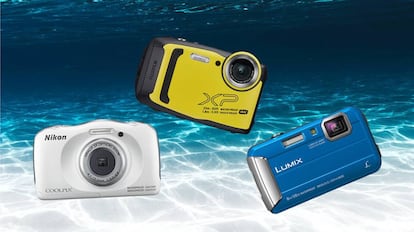 De izquierda a derecha: cámara Nikon Coolpix W100, Fujifilm FinePix XP140 y Panasonic Lumix DMC-FT30.
