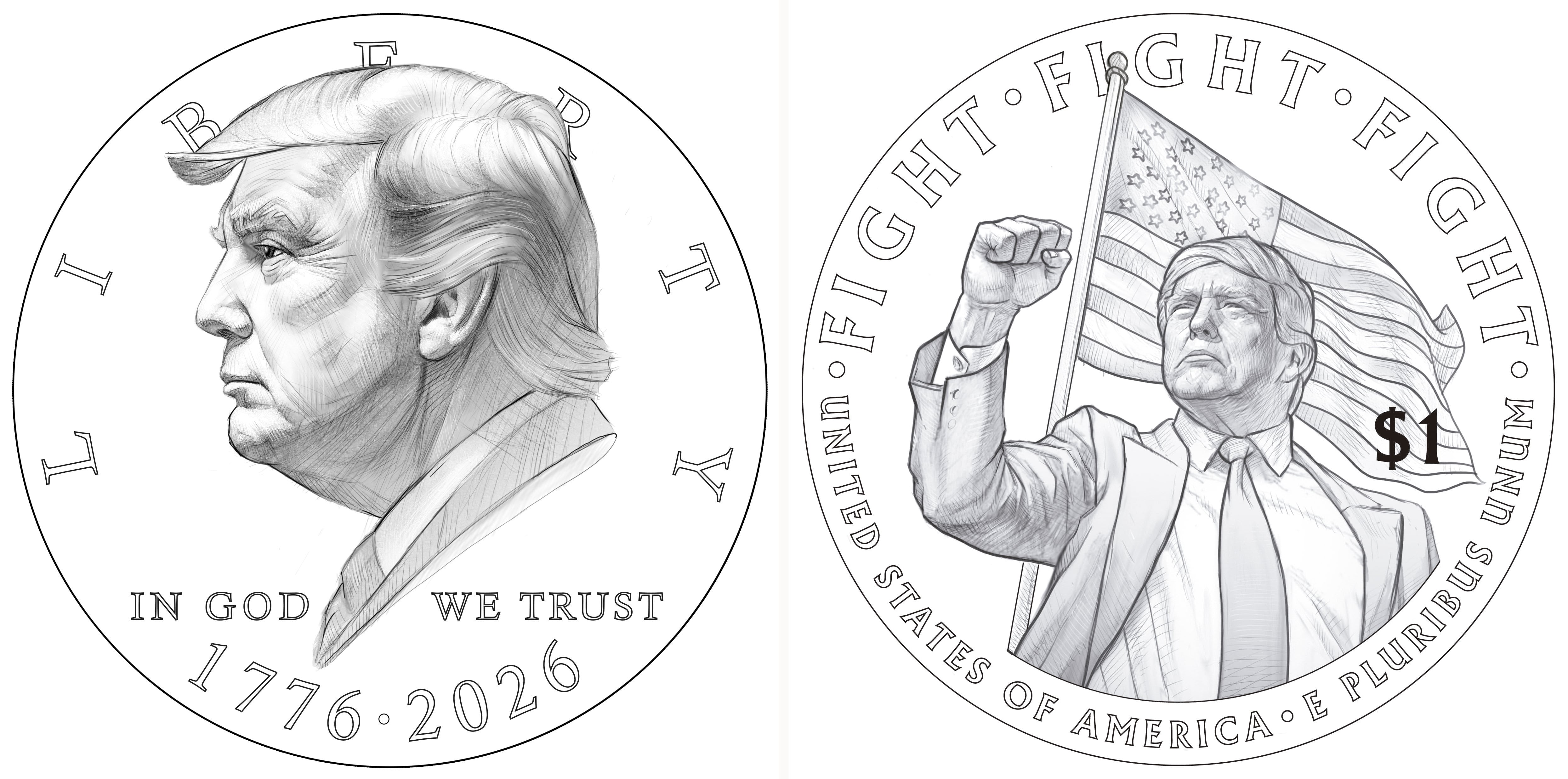 Boceto de la moneda de un dólar del presidente de Estados Unidos Donald Trump.