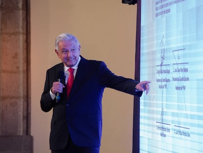 Andrés Manuel López Obrador, durante su conferencia matutina de este jueves, en Ciudad de México.