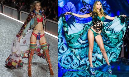 Gigi Hadid, en el desfile de Victoria&rsquo;s Secret la semana pasada en Par&iacute;s y, a la derecha, en el mismo desfile en 2015. 