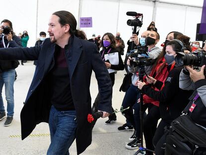 Pablo Iglesias, entonces líder de Podemos, acude en 2021 a un mitin del partido en Collado-Villalba.