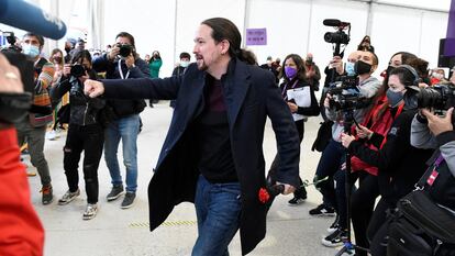 Pablo Iglesias, entonces líder de Podemos, acude en 2021 a un mitin del partido en Collado-Villalba.