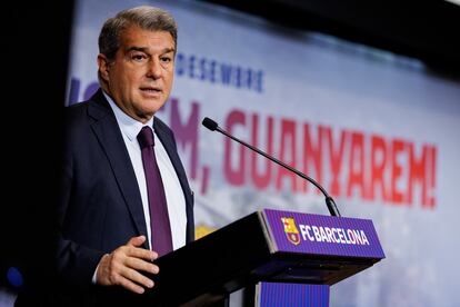 El presidente del Barcelona, Joan Laporta, este jueves en la asamblea.