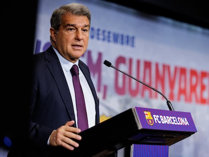 El presidente del Barcelona, Joan Laporta, este jueves en la asamblea.