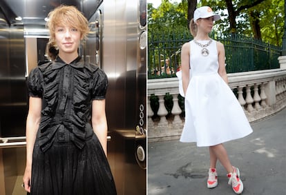 La diseñadora rusa Vika Gazinskaya, en una imagen de 2011 a la izquierda, y con uno de sus vestidos, combinado con zapatillas y gorra, en 2012, a la derecha.