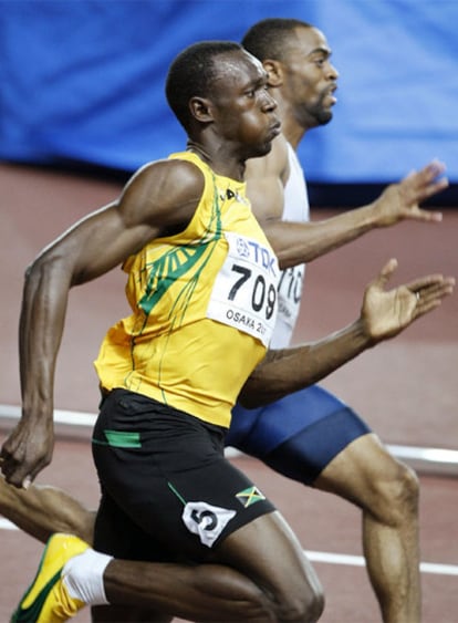 Bolt, en primer término, y Gay en los últimos Mundiales.