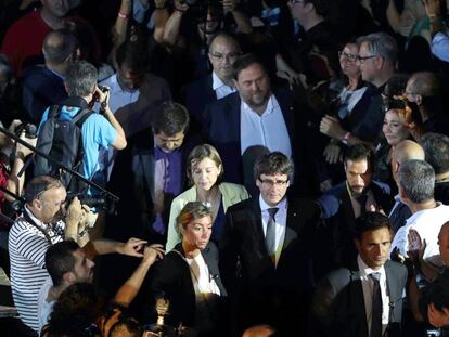 Puigdemont, Forcadell i Junqueras en l'acte d'obertura de la campanya, dijous.